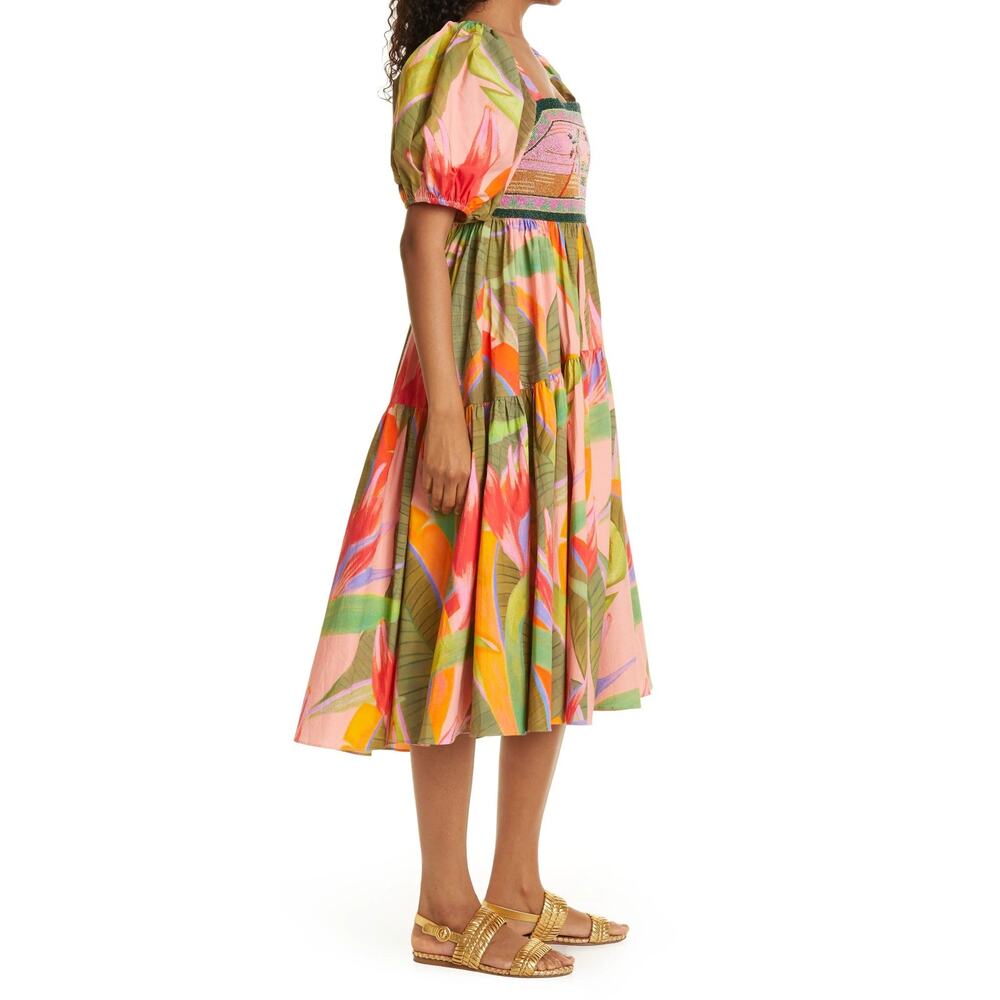 Farm Rio Embroidered Top Midi Dress in Pink Garden - M - Picture 4 of 6